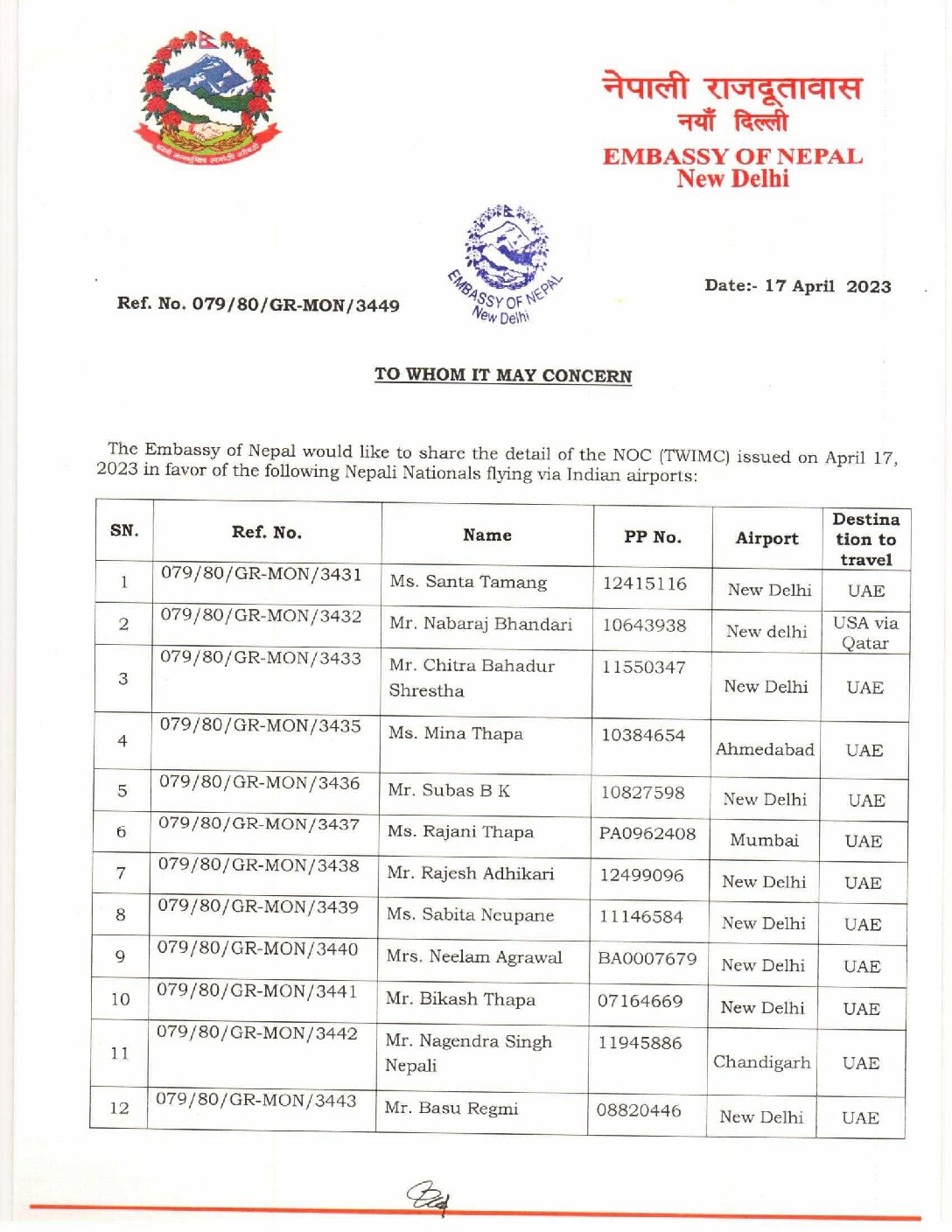 Travel NOCs issued on 2023.04.17(Ref. No. 3449) - New Delhi, India